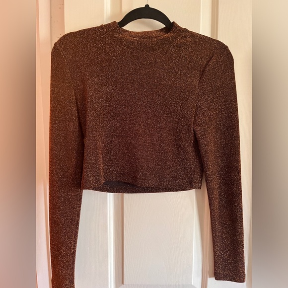 American Apparel Metallic Sparkle Glitter Mock Neck Turtleneck Long Sleeve Crop - Picture 2 of 4